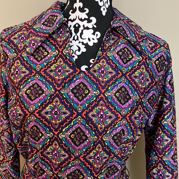 🦩Vintage purple navy yellow blue orange white teal patterned dress w/collar - Picture 2 of 12